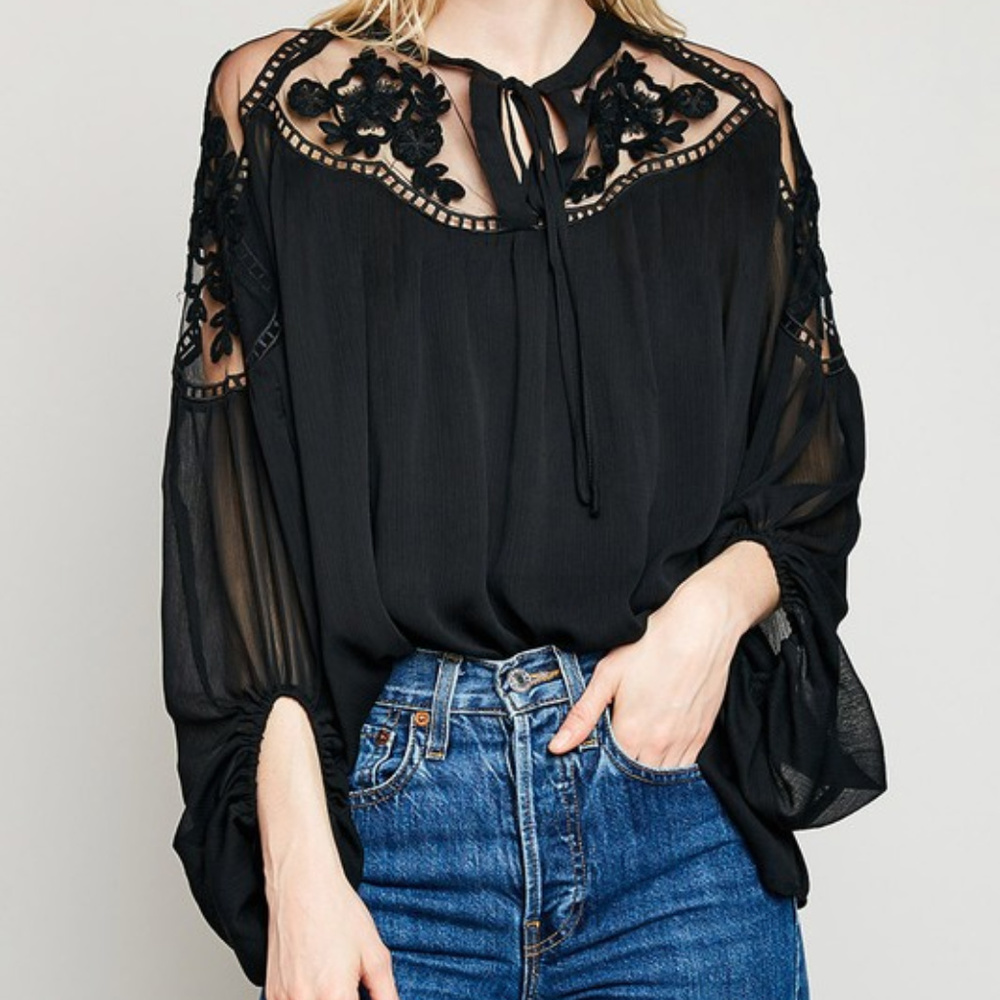 *ONLY 1 LEFT*  Sheer Tie-Front Peasant Top - Picture 5 of 5